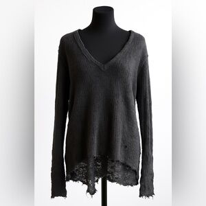 We The Free Free People Distressed Top S Charcoal Slouchy Grunge Raw Hem Boho